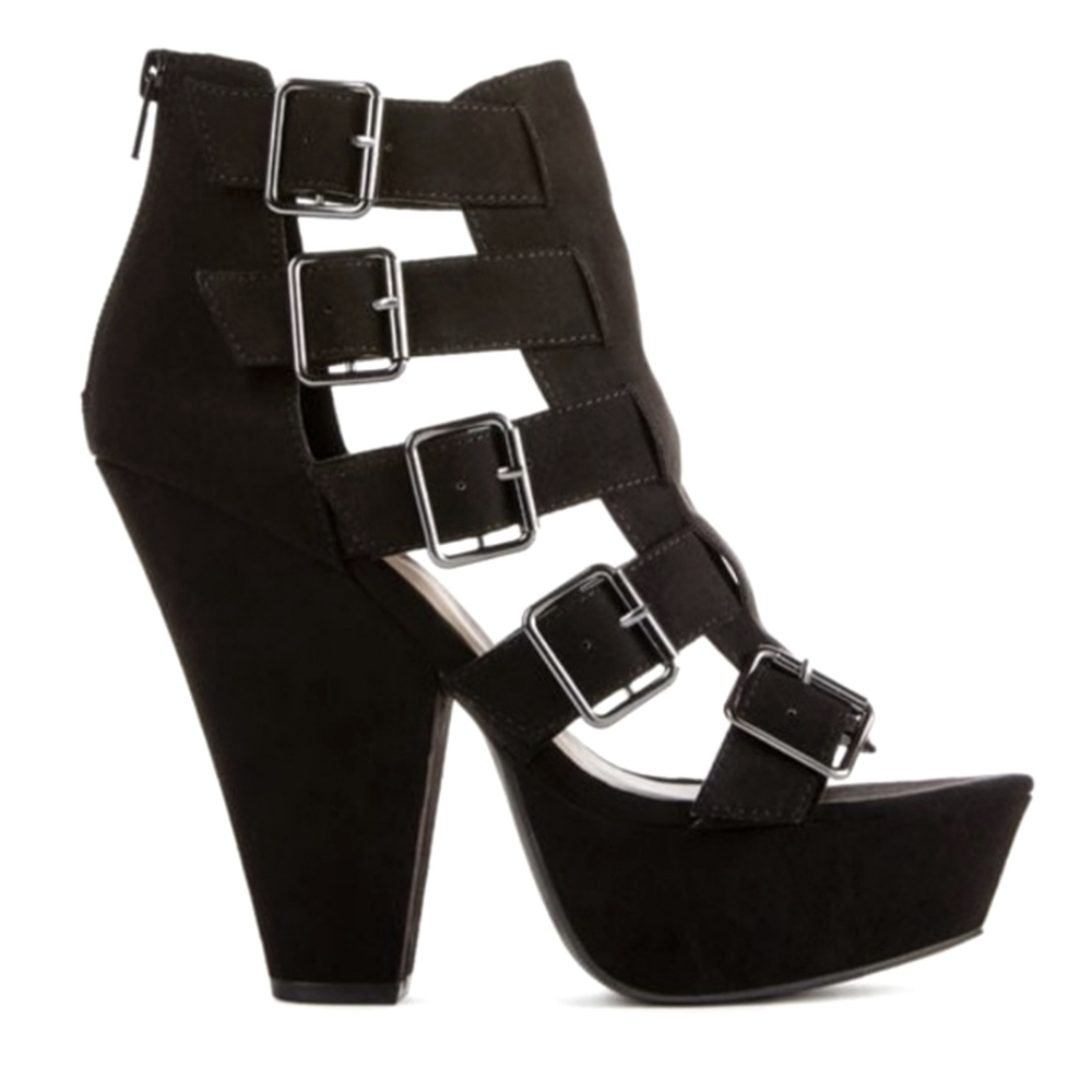 Just Fab Black Buckled High Heel Wedges Sz 8.5